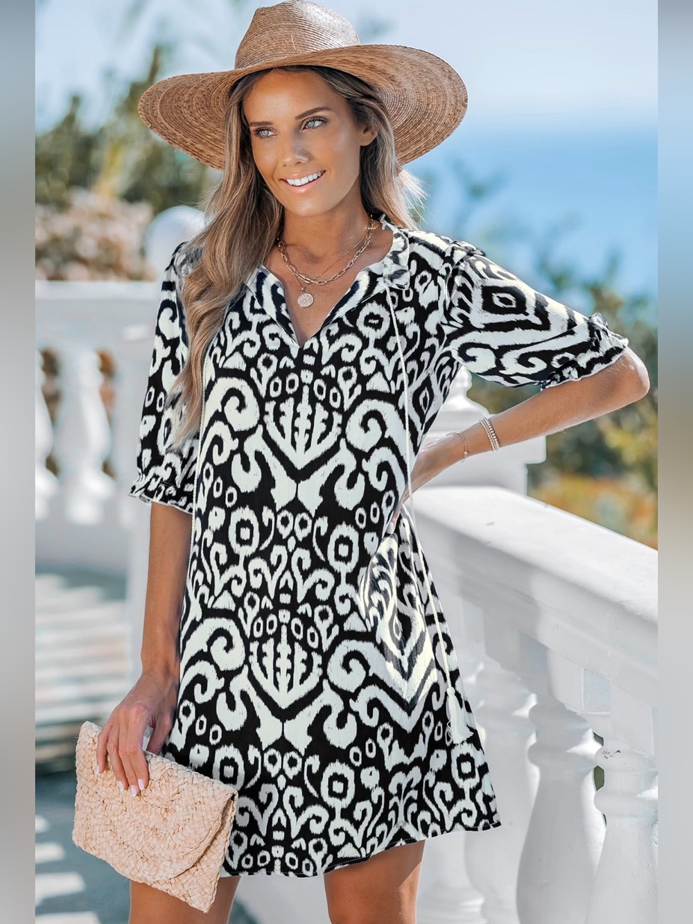 Cupshe Blue & White Ikat Boho Blouse/Shift Dress Size M